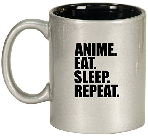 Ceramic Coffee Tea Mug Cup Anime Eat Sleep Repeat (Silver)