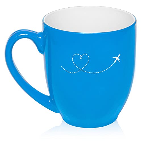 16 oz Large Bistro Mug Ceramic Coffee Tea Glass Cup Heart Travel Airplane (Light Blue),MIP