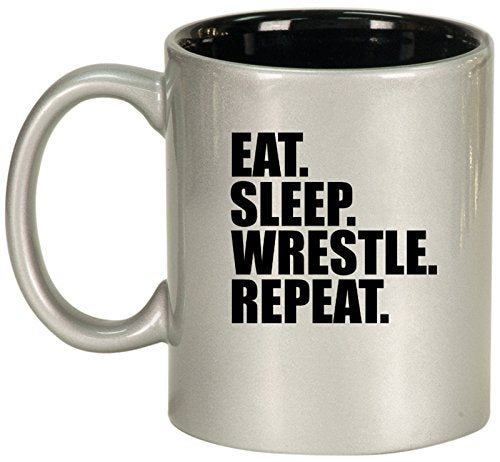 Ceramic Coffee Tea Mug Cup Eat Sleep Wrestle Repeat (Silver)
