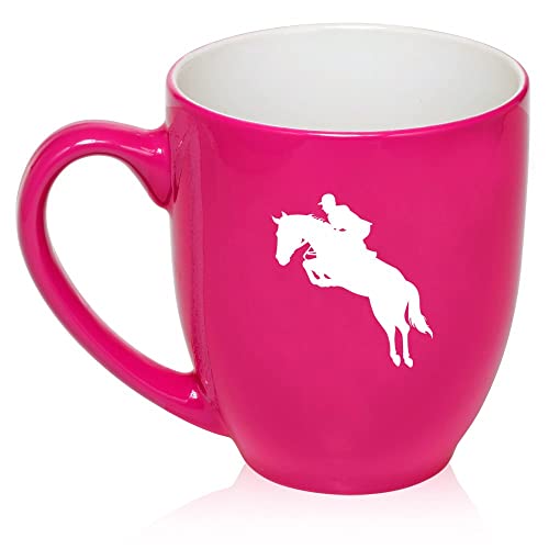 16 oz Hot Pink Large Bistro Mug Ceramic Coffee Tea Glass Cup Jockey Horse with Rider,MIP