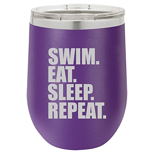 12 oz Double Wall Vacuum Insulated Stainless Steel Stemless Wine Tumbler Glass Coffee Travel Mug With Lid Swim Eat Sleep Repeat (Purple)