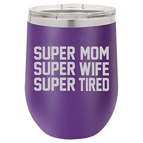 12 oz Double Wall Vacuum Insulated Stainless Steel Stemless Wine Tumbler Glass Coffee Travel Mug With Lid Super Mom Wife Tired (Purple)