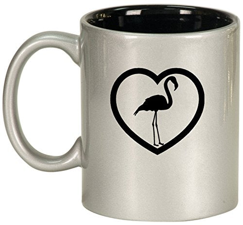 Ceramic Coffee Tea Mug Heart Flamingo (Silver)