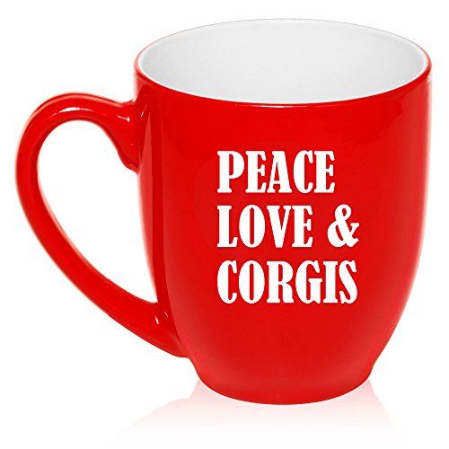 16 oz Large Bistro Mug Ceramic Coffee Tea Glass Cup Peace Love & Corgis (Red)