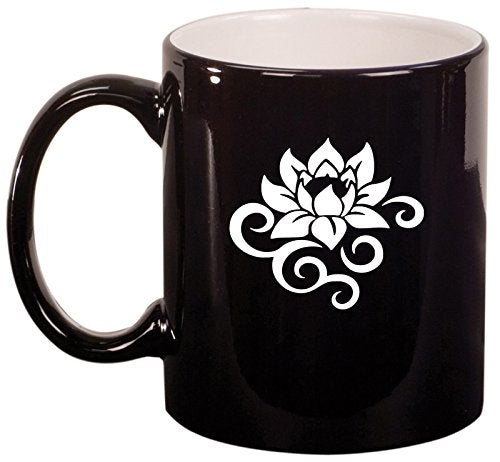Ceramic Coffee Tea Mug Cup Lotus Flower Scroll (Black)