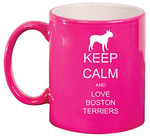 Ceramic Coffee Tea Mug Cup Keep Calm and Love Boston Terriers (Pink)