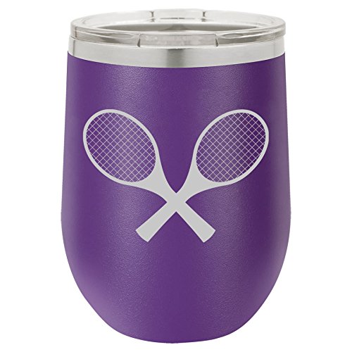 12 oz Double Wall Vacuum Insulated Stainless Steel Stemless Wine Tumbler Glass Coffee Travel Mug With Lid Tennis Racquets (Purple)