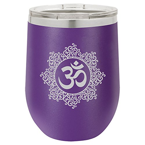 12 oz Double Wall Vacuum Insulated Stainless Steel Stemless Wine Tumbler Glass Coffee Travel Mug With Lid Yoga Floral (Purple)