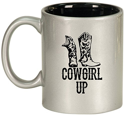 Ceramic Coffee Tea Mug Cup Cowgirl Up Boots (Silver)