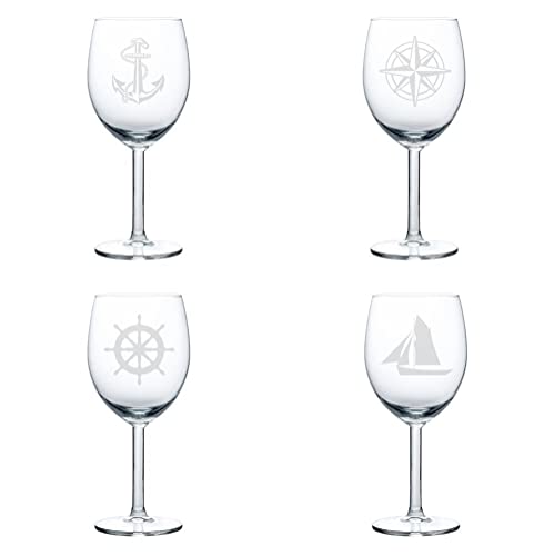Set of 4 Wine Glass Goblet Anchor Boat Compass Nautical Collection (10 oz),MIP