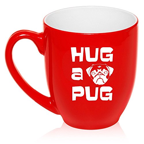 16 oz Large Bistro Mug Ceramic Coffee Tea Glass Cup Hug a Pug (Red)