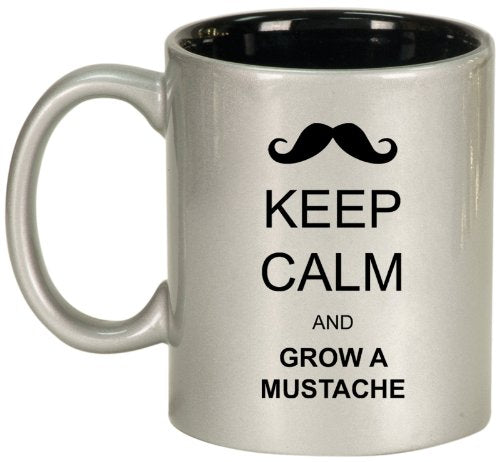 Keep Calm and Grow A Mustache Ceramic Coffee Tea Mug Cup Silver Black