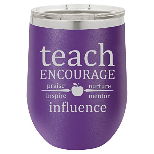 12 oz Double Wall Vacuum Insulated Stainless Steel Stemless Wine Tumbler Glass Coffee Travel Mug With Lid Teach Encourage Influence Teacher (Purple)