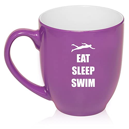 16 oz Large Bistro Mug Ceramic Coffee Tea Glass Cup Eat Sleep Swim (Purple),MIP