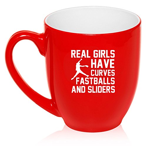 16 oz Large Bistro Mug Ceramic Coffee Tea Glass Cup Real Girls Curves Softball (Red)