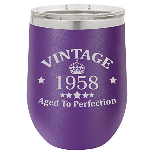 12 oz Double Wall Vacuum Insulated Stainless Steel Stemless Wine Tumbler Glass Coffee Travel Mug With Lid Vintage Aged To Perfection 1958 Birthday 60th Birthday (Purple)