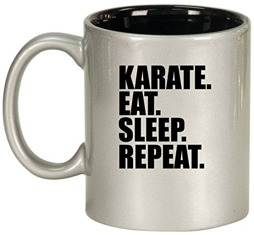 Ceramic Coffee Tea Mug Cup Karate Eat Sleep Repeat (Silver)