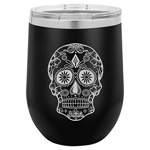 12 oz Double Wall Vacuum Insulated Stainless Steel Stemless Wine Tumbler Glass Coffee Travel Mug With Lid Sugar Candy Skull (Black)