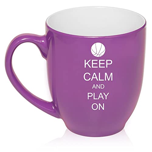 16 oz Large Bistro Mug Ceramic Coffee Tea Glass Cup Keep Calm and Play On Basketball (Purple),MIP
