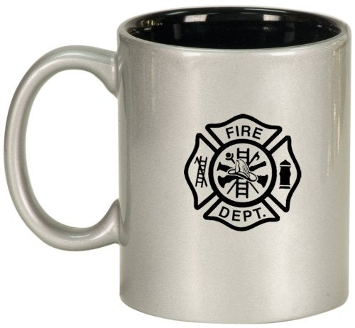 Silver Ceramic Coffee Tea Mug Fire Department Maltese Cross