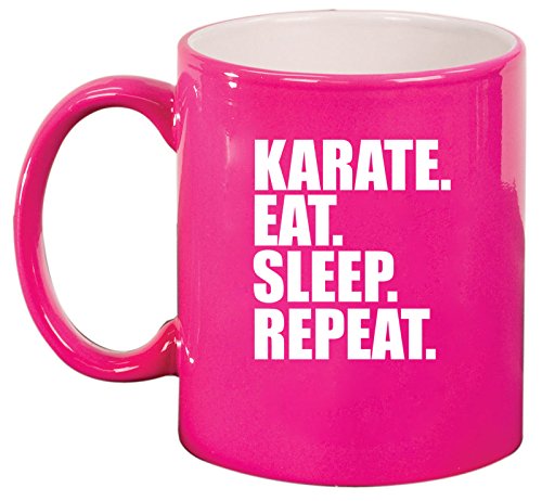 Ceramic Coffee Tea Mug Cup Karate Eat Sleep Repeat (Pink)
