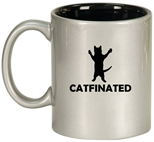 Ceramic Coffee Tea Mug Cup Catfinated Funny Cat Caffeine (Silver)