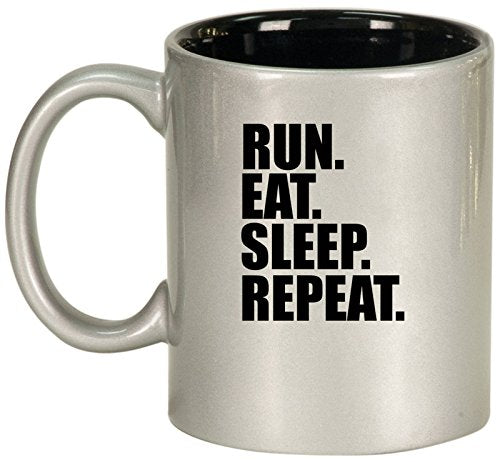 Ceramic Coffee Tea Mug Cup Run Eat Sleep Repeat (Silver)