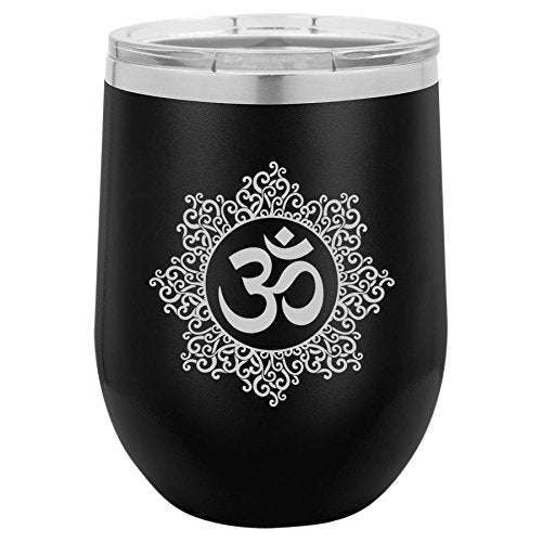 12 oz Double Wall Vacuum Insulated Stainless Steel Stemless Wine Tumbler Glass Coffee Travel Mug With Lid Yoga Floral (Black)