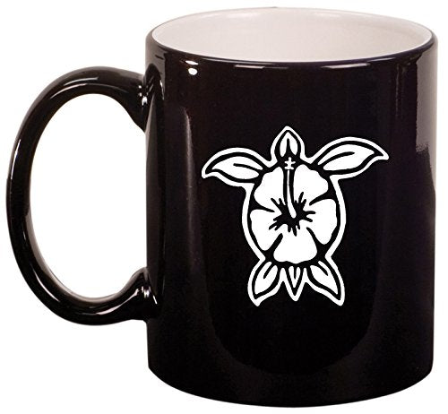 Ceramic Coffee Tea Mug Cup Hibiscus Turtle (Black)