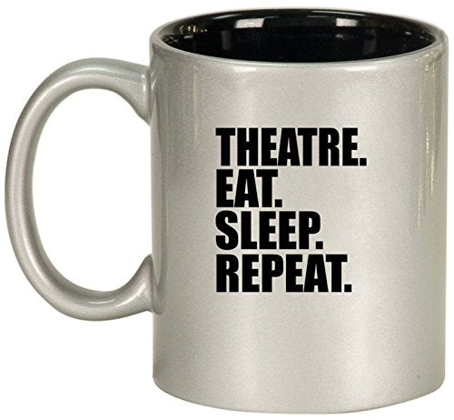 Ceramic Coffee Tea Mug Cup Theatre Eat Sleep Repeat (Silver)