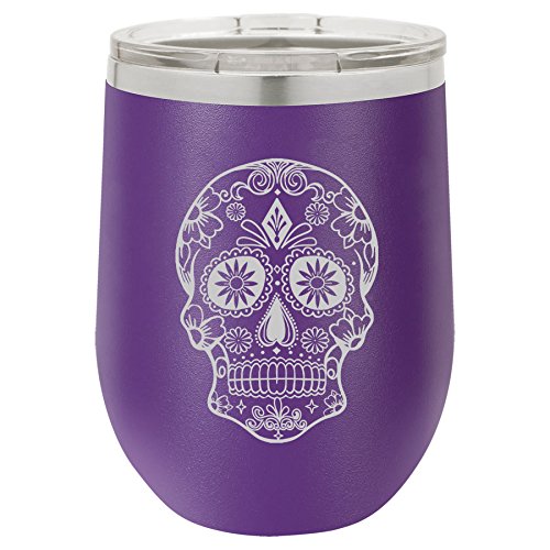 12 oz Double Wall Vacuum Insulated Stainless Steel Stemless Wine Tumbler Glass Coffee Travel Mug With Lid Sugar Candy Skull (Purple)