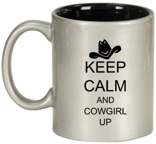 Keep Calm and Cowgirl Up with Hat Ceramic Coffee Tea Mug Cup Silver Black