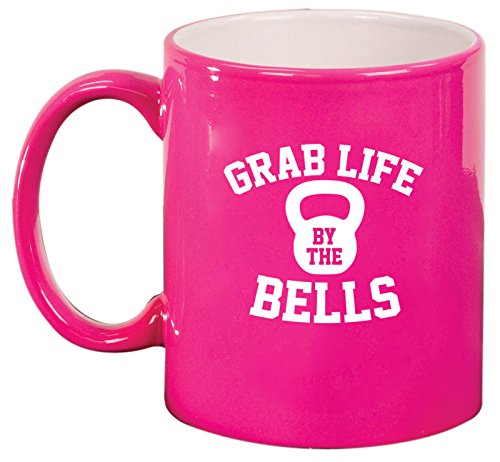 Ceramic Coffee Tea Mug Grab Life By The Bells Kettlebell Funny Workout Fitness (Pink)