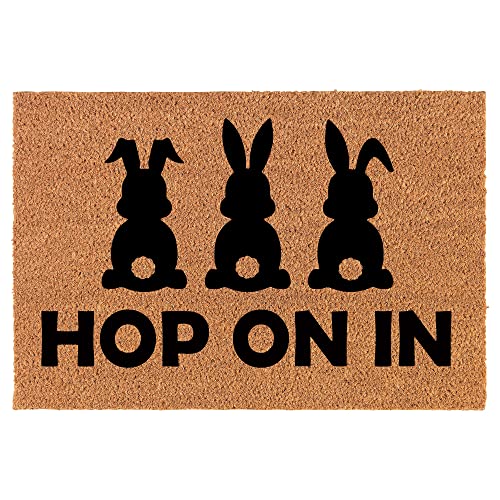 Coir Doormat Front Door Mat New Home Closing Housewarming Gift Hop On in Bunny Rabbit Easter (24" x 16" Small)