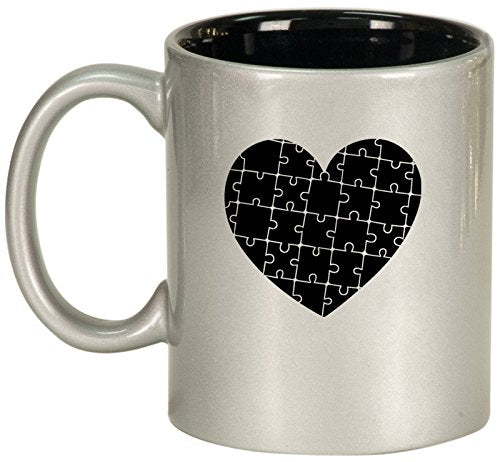 Ceramic Coffee Tea Mug Heart Puzzle Autism (Silver)