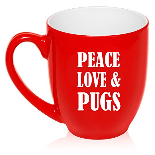 16 oz Large Bistro Mug Ceramic Coffee Tea Glass Cup Peace Love & Pugs (Red)