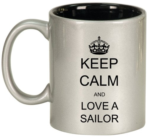 Keep Calm and Love A Sailor Ceramic Coffee Tea Mug Cup Silver Black