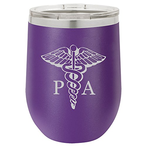 12 oz Double Wall Vacuum Insulated Stainless Steel Stemless Wine Tumbler Glass Coffee Travel Mug With Lid PA Physician Assistant Caduceus (Purple)