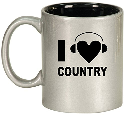 Ceramic Coffee Tea Mug Cup I Heart Love Country Music Headphones (Silver)