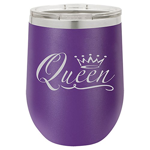 12 oz Double Wall Vacuum Insulated Stainless Steel Stemless Wine Tumbler Glass Coffee Travel Mug With Lid Queen Fancy (Purple)