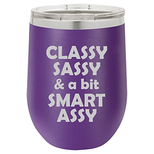 12 oz Double Wall Vacuum Insulated Stainless Steel Stemless Wine Tumbler Glass Coffee Travel Mug With Lid Classy Sassy And A Bit Smart Assy (Purple)