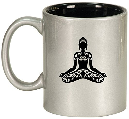 Ceramic Coffee Tea Mug Buddha Yoga Lotus (Silver)