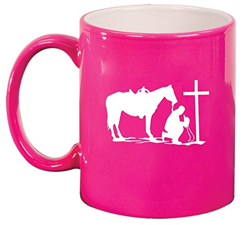 Ceramic Coffee Tea Mug Cup Cowboy Praying Cross Horse (Pink)
