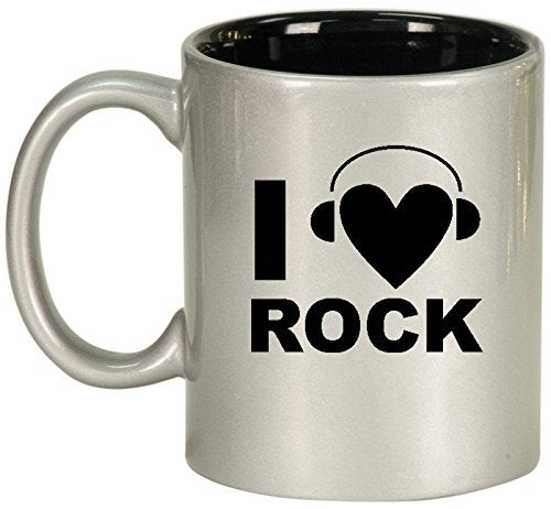 Ceramic Coffee Tea Mug Cup I Heart Love Rock Music Headphones (Silver)