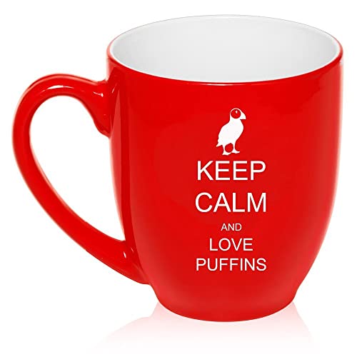 16 oz Large Bistro Mug Ceramic Coffee Tea Glass Cup Keep Calm and Love Puffins (Red),MIP