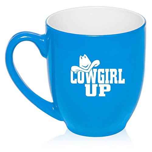 16 oz Light Blue Large Bistro Mug Ceramic Coffee Tea Glass Cup Cowgirl Up with Hat,MIP