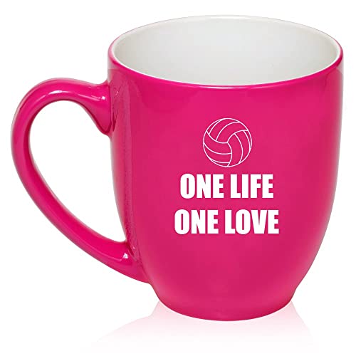 16 oz Large Bistro Mug Ceramic Coffee Tea Glass Cup One Life One Love Volleyball (Hot Pink),MIP