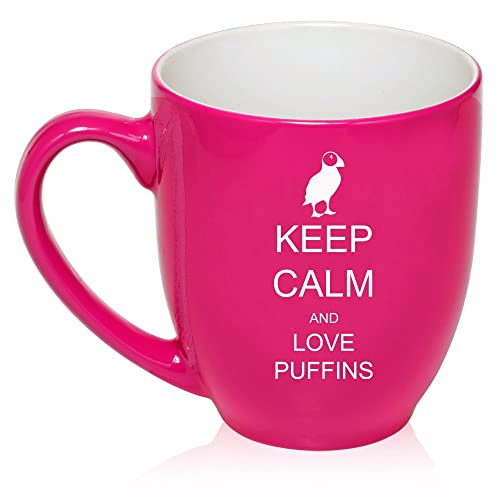 16 oz Large Bistro Mug Ceramic Coffee Tea Glass Cup Keep Calm and Love Puffins (Hot Pink),MIP