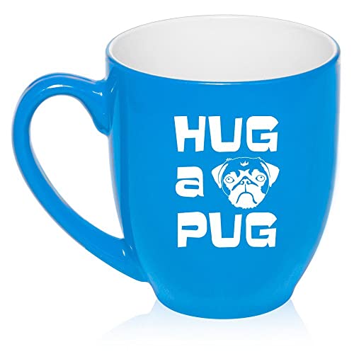 16 oz Large Bistro Mug Ceramic Coffee Tea Glass Cup Hug a Pug (Light Blue),MIP