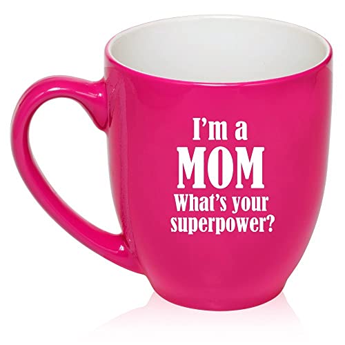 16 oz Large Bistro Mug Ceramic Coffee Tea Glass Cup Mom Superpower (Hot Pink),MIP
